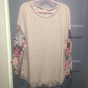 Hummingbird ~ Waffle Knit Top w/ patchwork sleeves